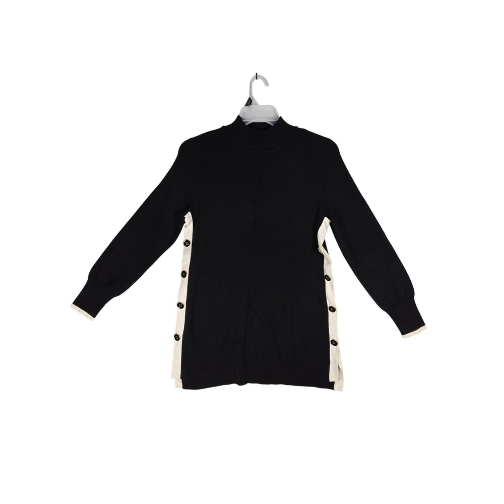 Chico's Sweater Women 1 M Mock Neck Black Cream Cashmere Blend Button EUC